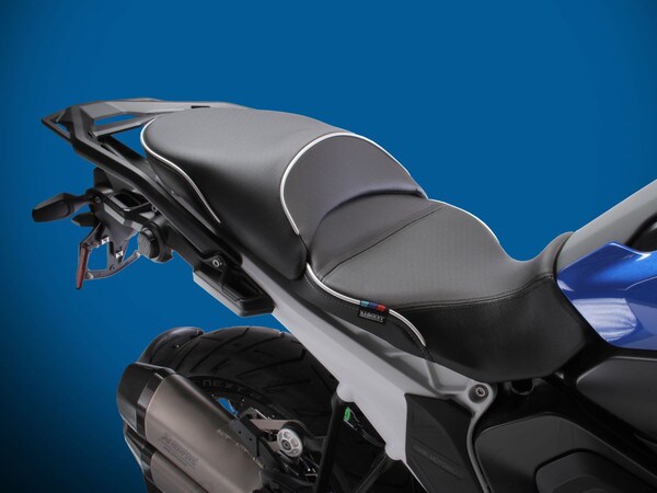 Sargent World Sport Aftermarket Motorcycle Seat for the 2023+ BMW R 1300 GS with low version front and standard rear on the bike with silver welt.
